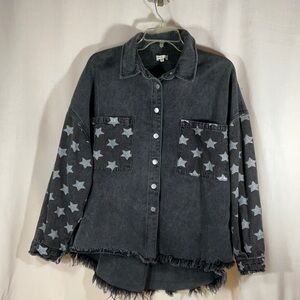 POL Gray Stone Washed Denim, white star distressed frayed hem—shacket-Size Small